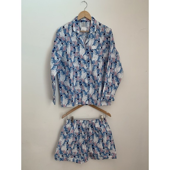 8 Oak Lane Other - 8 Oak Land Pajamas Sz M Blue Pink 100% Cotton Cockatoos Long Sleeve Shorts Prep